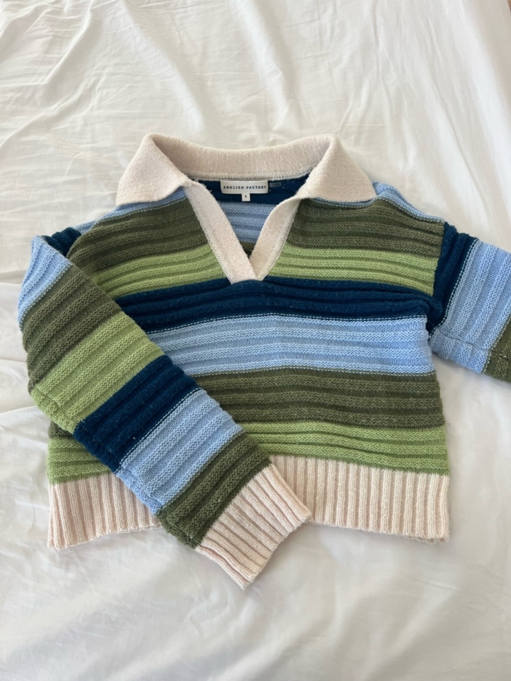 English Factory Striped Knit Polo Sweater - Blue, Green & Cream